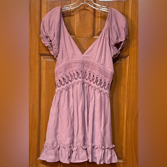 Lulu's Dusty Rose Crochet-Trim Puff Sleeve Mini Dress - Picture 2 of 11